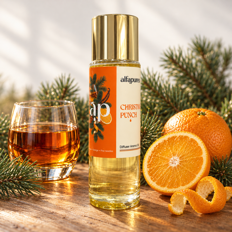 Olejek zapachowy Christmas Punch AlfaPureo ze szklanką rumu, pomarańczą i igliwiem na drewnianym stole.