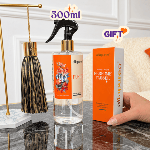 Purity Textile Spray 500 ml s čierno-zlatým parfumovým strapcom a krabičkou, so stickermi 500ml a GIFT