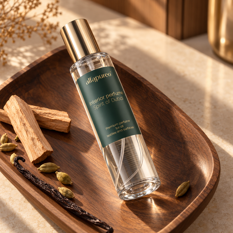Spirit of Dubai, spray do tkanin i wnętrz 200 ml na drewnianej tacy z elementami drzewa sandałowego, kardamonu i wanilii