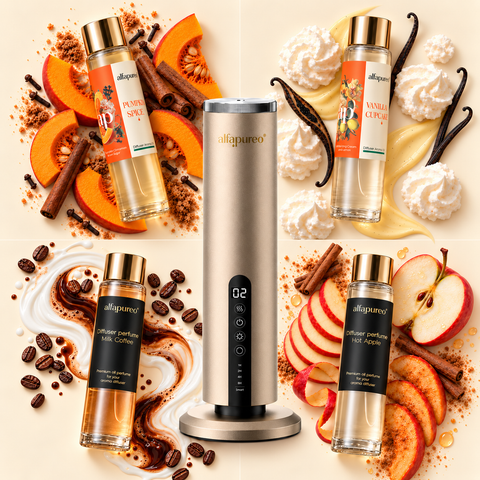 Dyfuzor Tower Gold i oleje aromatyczne Pumpkin Spice, Vanilla Cupcake, Milk Coffee i Hot Apple